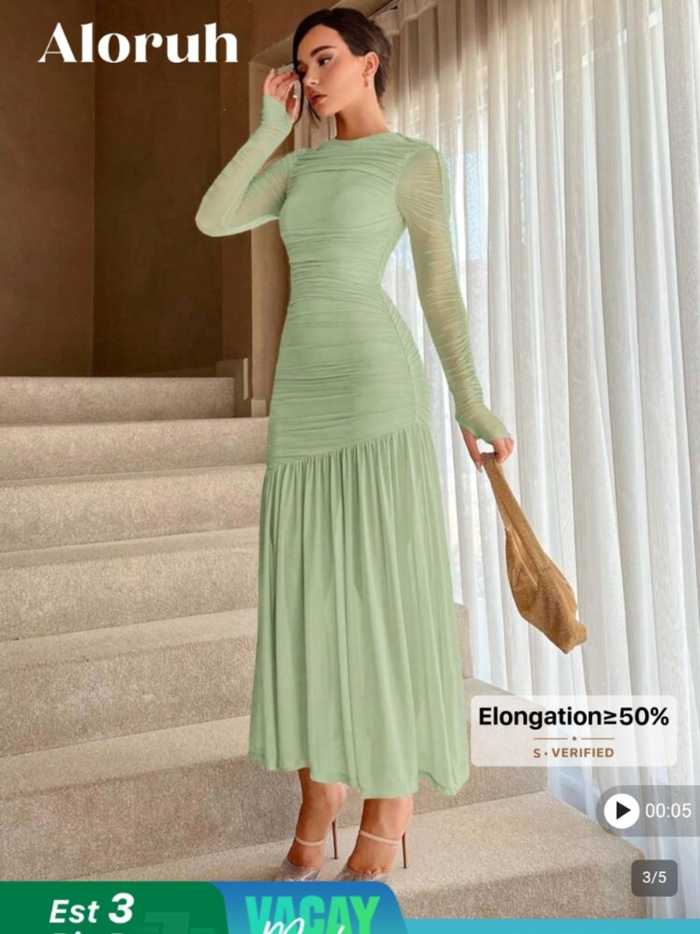 SHEIN Sage Green Ruched Long-Sleeve Midi Dress